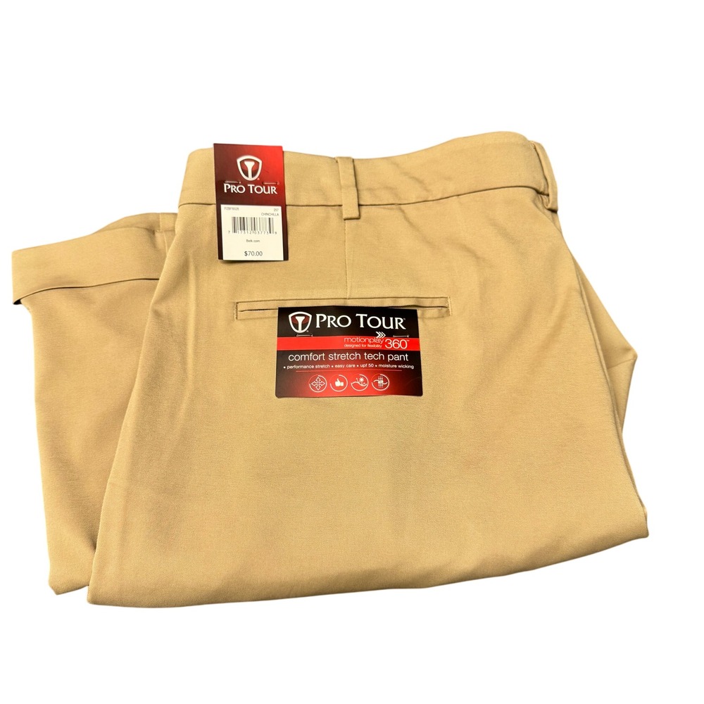Pro Tour Pants Mens 38x29 Motionplay 360 Stretch UPF 50+ Khaki‎ Tan Golf NEW